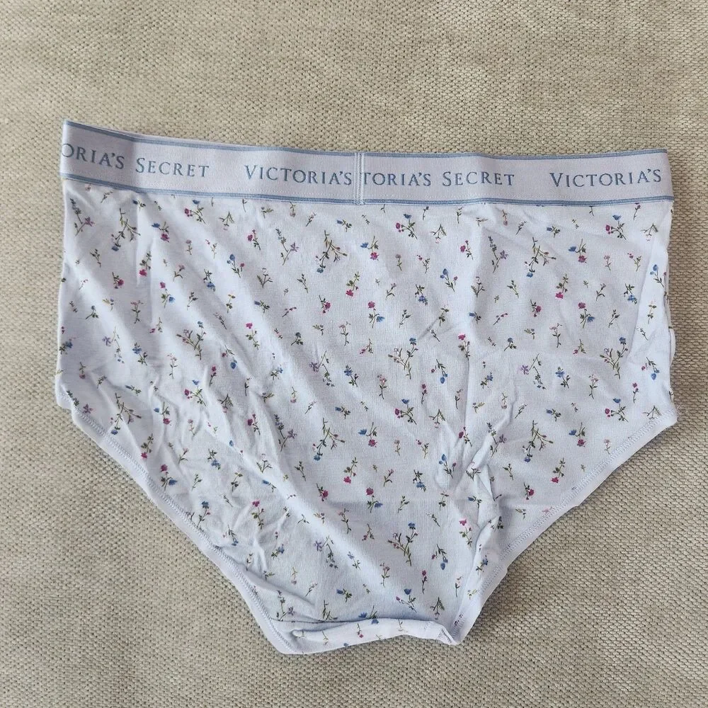 Victorias Secret Medium Blue Floral‎ Cotton Logo Modern Brief Panty NWT